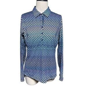 EP New York Collared Blue Print Long Sleeve Mesh Golf Shirt Size M